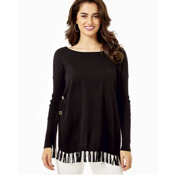 $138 NWT Lilly Pulitzer Ramona Fringe Sweater Black Size XXS- Runs Big - Picture 1 of 8